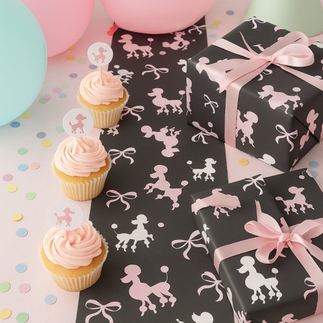 Retro Poodle & Bow Pink, White & Black Chic Wrapping Paper (Creator Uploaded)