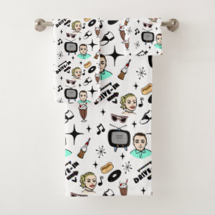 Retro Pop 1950's Style Nostalgic Graphics  Bath Towel Set