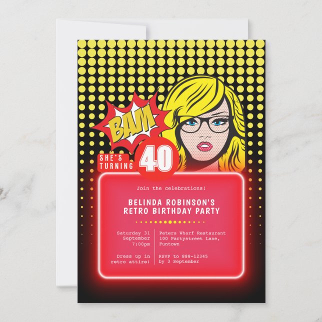 Retro Pop Art 40th (or any age) Invitation (Front)