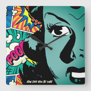 Retro Pop Art Cartoon Girl - Customisable Quote Square Wall Clock