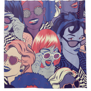 Retro Pop Art Comic Girls Seamless Pattern. Backgr Shower Curtain