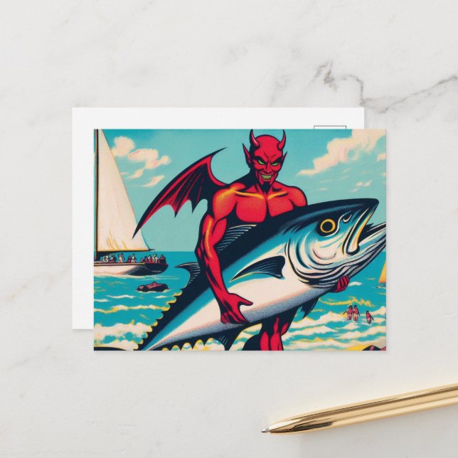 Retro Pop Art Devil With A Tunafish on the Beach Postcard (Front/Back In Situ)