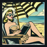 Retro Pop Art Lady on the Beach<br><div class="desc">Black and yellow pop art comic book style ai art depicting a woman reading a book on the beach in sunglasses and wearing a sunhat under an umbrella.</div>