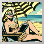 Retro Pop Art Lady on the Beach Poster<br><div class="desc">Black and yellow pop art comic book style ai art depicting a woman reading a book on the beach in sunglasses and wearing a sunhat under an umbrella.</div>