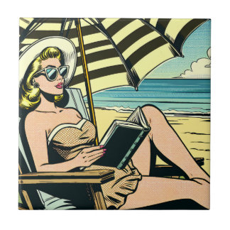 Retro Pop Art Lady on the Beach Tile
