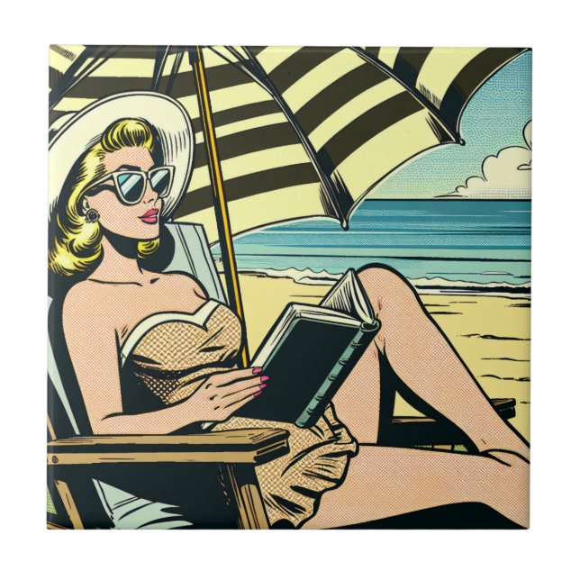 Retro Pop Art Lady on the Beach Tile (Front)