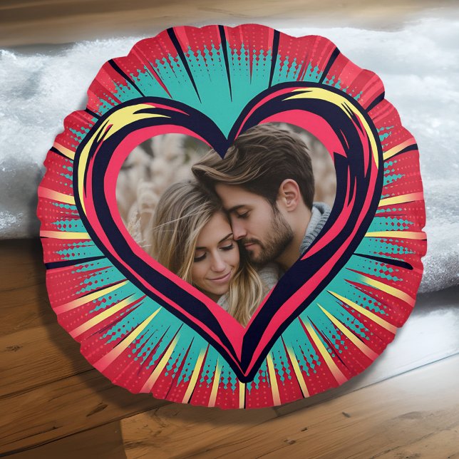 Retro Pop Art Photo and Names Valentine's Day Round Cushion (Creator Uploaded)