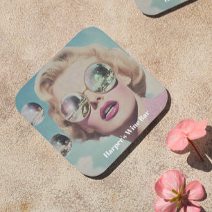 Retro Pop Art Pink and Blue Space Woman Coaster