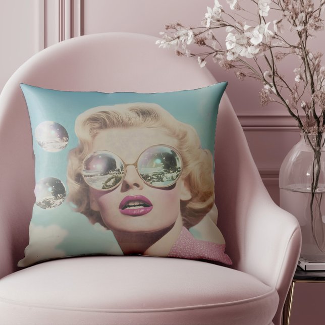 Retro Pop Art Pink and Blue Space Woman Cushion (Elevate your style with this standout piece, ideal for lovers of vintage flair.)