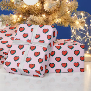 Retro Pop Art Red Blue Beige Hearts Pattern Wrapping Paper