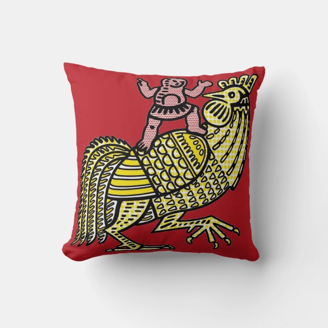 Retro Pop Art Rooster with Figure Ben-Day Dot Cushion (Front)