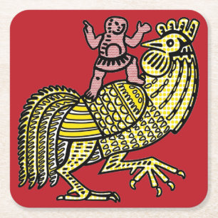 Retro Pop Art Rooster with Figure Ben-Day Dot Square Paper Coaster