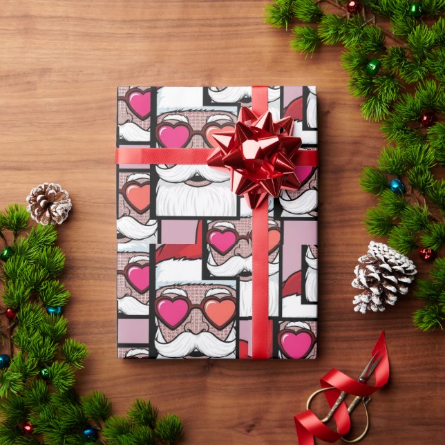 Retro Pop Art Santa Heart Glasses Comic Style Wrapping Paper (Holiday Gift)