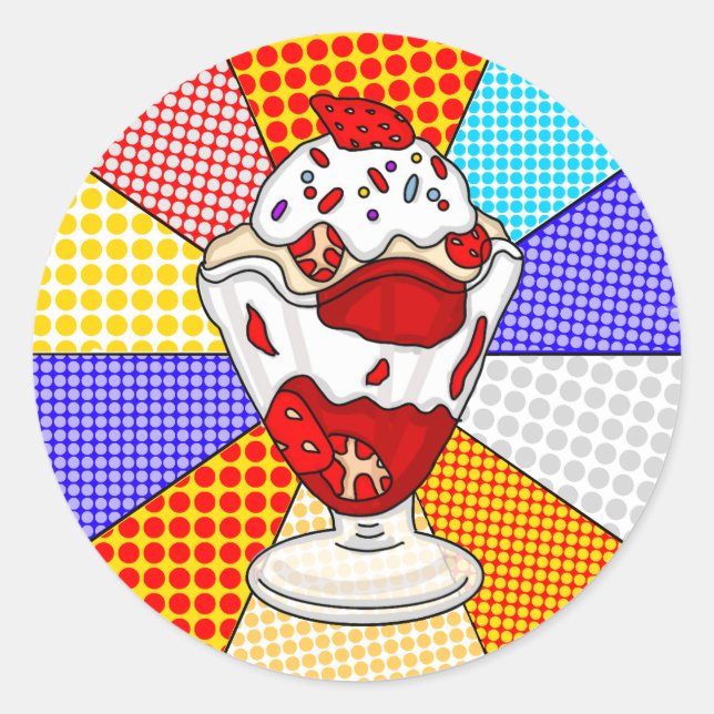 Retro Pop Art Strawberry Ice Cream Sundae    Classic Round Sticker (Front)