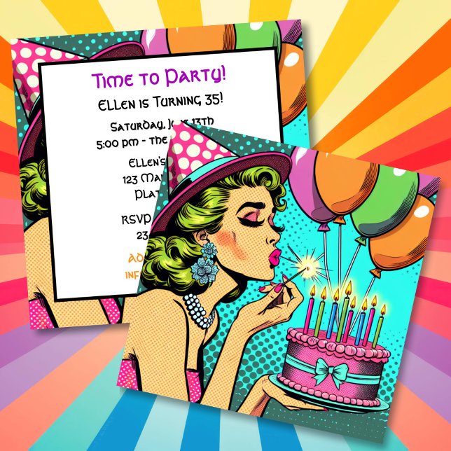 Retro Pop Art Woman Holding a Cake Birthday Party Invitation (Creator Uploaded)