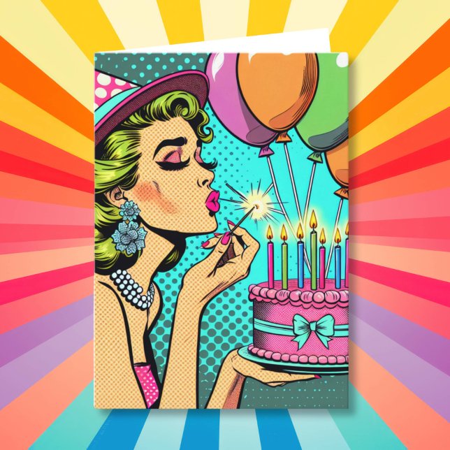 Retro Pop Art Woman Holding a Cake Happy Birthday  Card (Creator Uploaded)