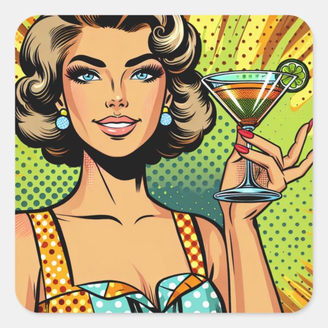 Retro Pop Art Woman with Cocktail | Cheers Square Sticker (Front)