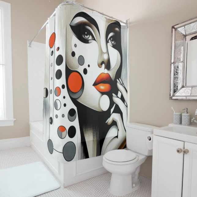 Retro Pop Diva: Geometric Elegance Abstract Art  Shower Curtain (In Situ)