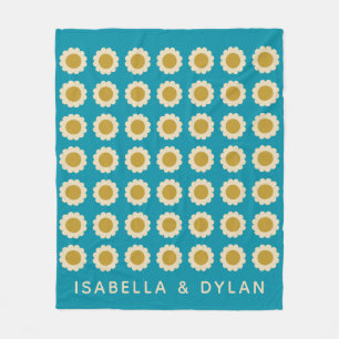 Retro Pop Flowers Pattern Turquoise Personalised Fleece Blanket