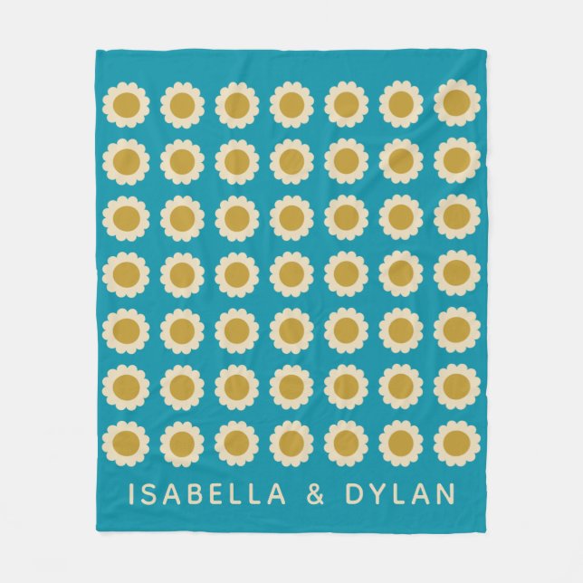 Retro Pop Flowers Pattern Turquoise Personalised Fleece Blanket (Front)