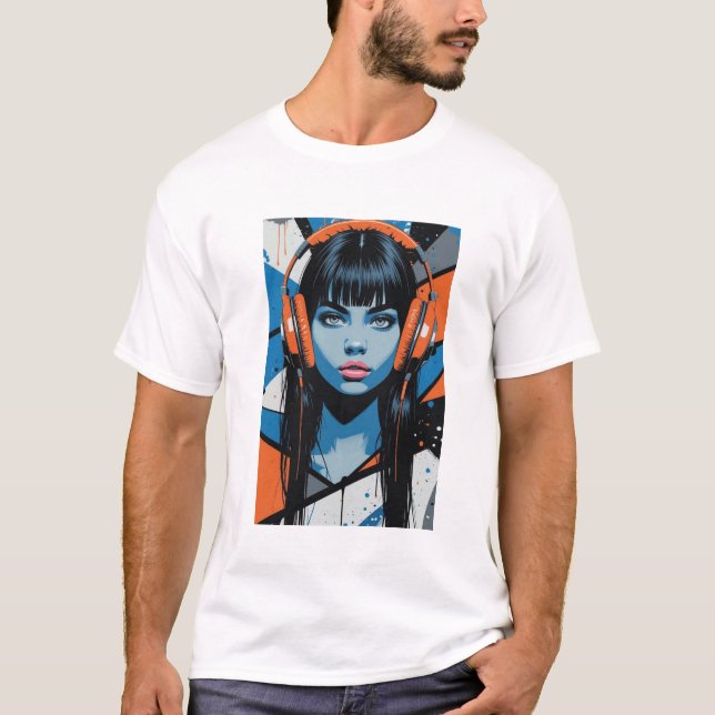 Retro Pop Girl with Headphones – Vibrant Street Ar T-Shirt (Front)
