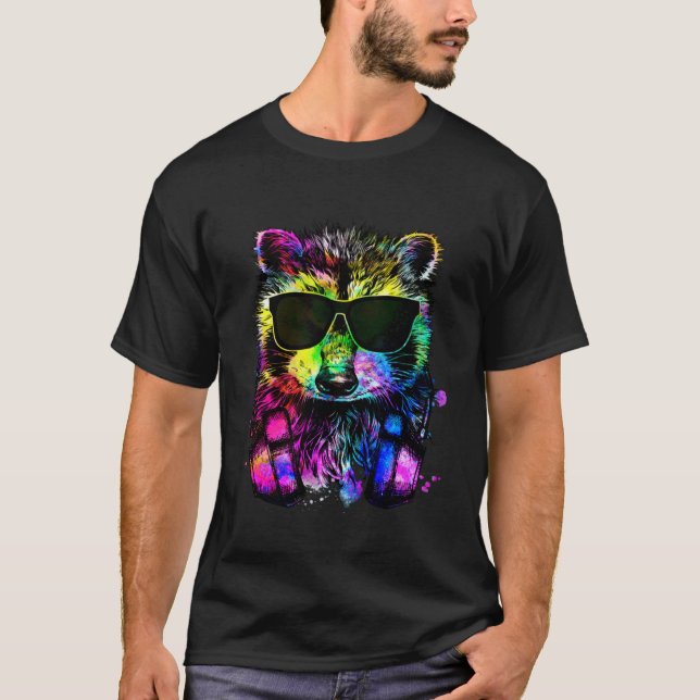 Retro Pop Raccoon Gamer with Headphones T-Shirt (Front)