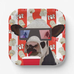 Retro Popcorn Pattern Movie Night Cow Paper Plate