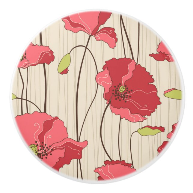 Retro Poppies Pattern Ceramic Knob (Front)