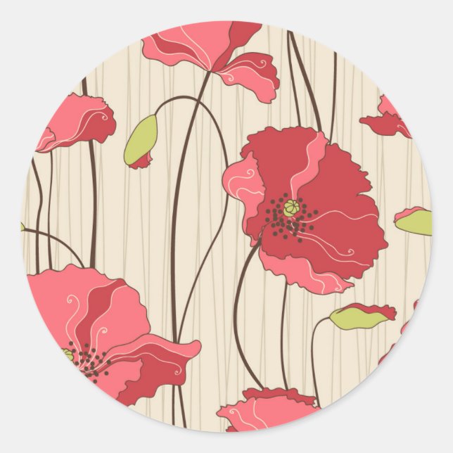 Retro Poppies Pattern Classic Round Sticker (Front)