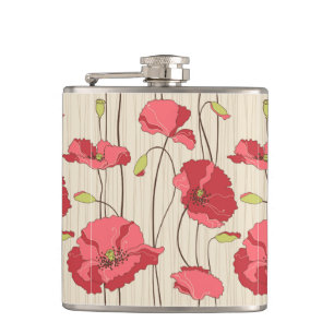 Retro Poppies Pattern Hip Flask