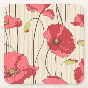 Retro Poppies Pattern Square Paper Coaster
