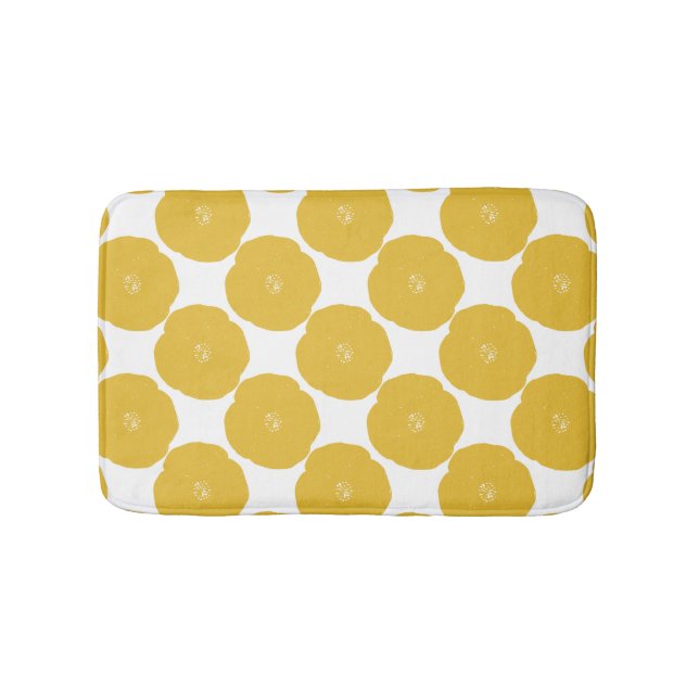 Retro Poppy Floral Art Pattern in Yellow and White Bath Mat (Front)