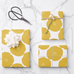 Retro Poppy Floral Art Pattern in Yellow and White Wrapping Paper Sheet