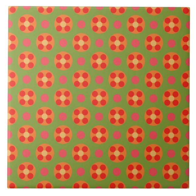 Retro Poppy Red Flowers and Polka Dots on Green Tile (Front)