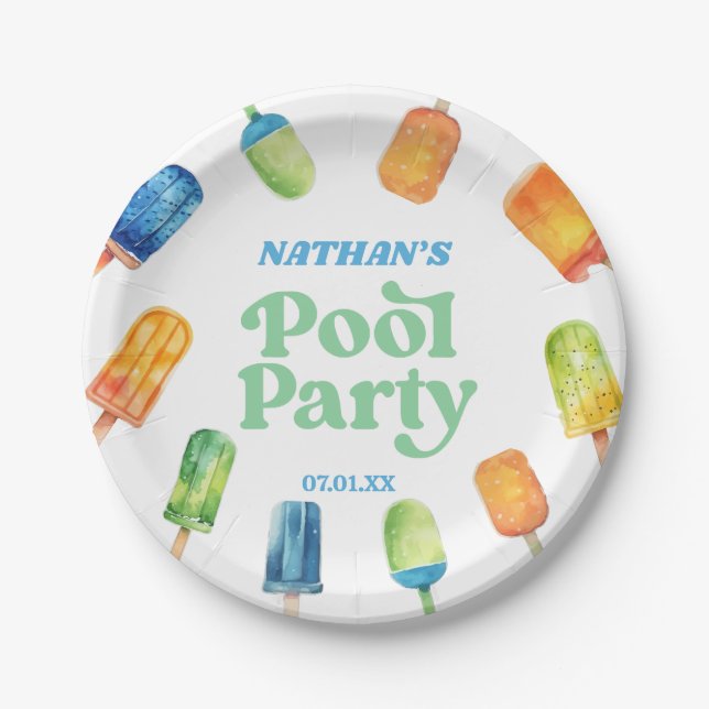Retro Popsicle Birthday Pool Party Paper Plate (Front)
