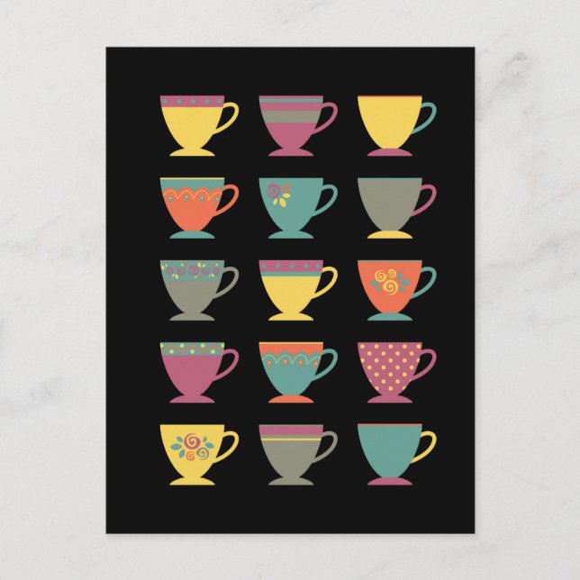 Retro porcelain tea cups, colourful coffee mugs postcard (Front)