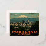 Retro Portland Oregon Skyline Vintage Travel  Foil Holiday Postcard<br><div class="desc">Capture the spirit of the Pacific Northwest with this retro Portland, Oregon skyline design! Featuring bold architecture, forest silhouettes, and a vibrant sunset backdrop, this vintage-inspired artwork perfectly blends city life with nature. Ideal for Portland lovers, travelers, and skyline art collectors, this design brings nostalgic charm to shirts, mugs, prints,...</div>