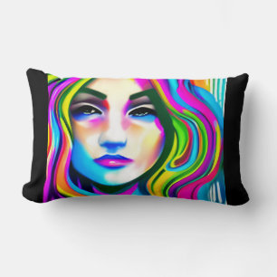 Retro Portrait of a Woman with Rainbow Hair Lumbar Cushion