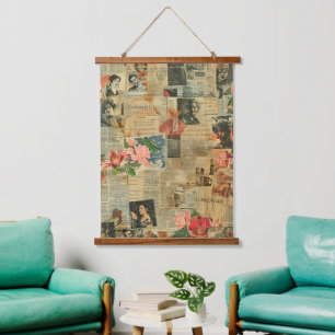 Retro Portrait Orchid Newspaper Botanical Collage Hanging Tapestry