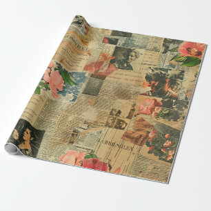 Retro Portrait Orchid Newspaper Botanical Collage Wrapping Paper