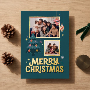Retro Postage Stamp Deisgn Merry Christmas Collage Foil Holiday Card