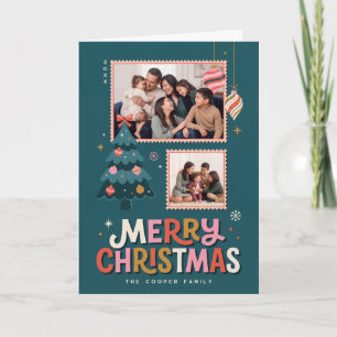 Retro Postage Stamp Frame Merry Christmas Collage Holiday Card