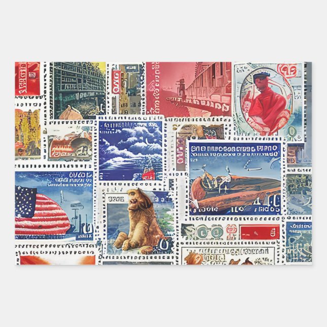 Retro Postage Stamp Wrapping Paper Sheet (Front)