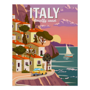Retro Poster Italy, Mediterranean romantic view