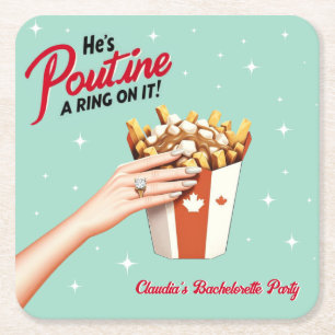 Retro Poutine a Ring on It! Montreal Bachelorette Square Paper Coaster