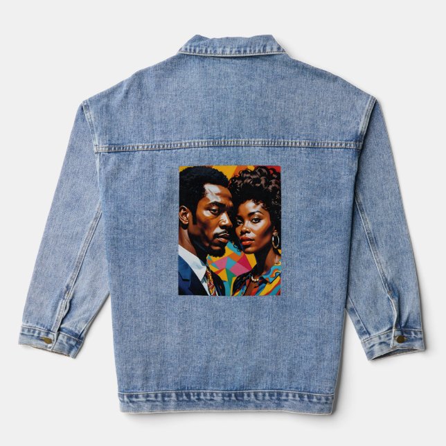 Retro Power Couple Vibrant Afrocentric Art Tee Denim Jacket (Back)