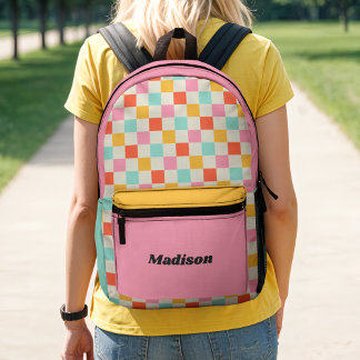 Retro Preppy Colourful Chequered Colorblock Printed Backpack