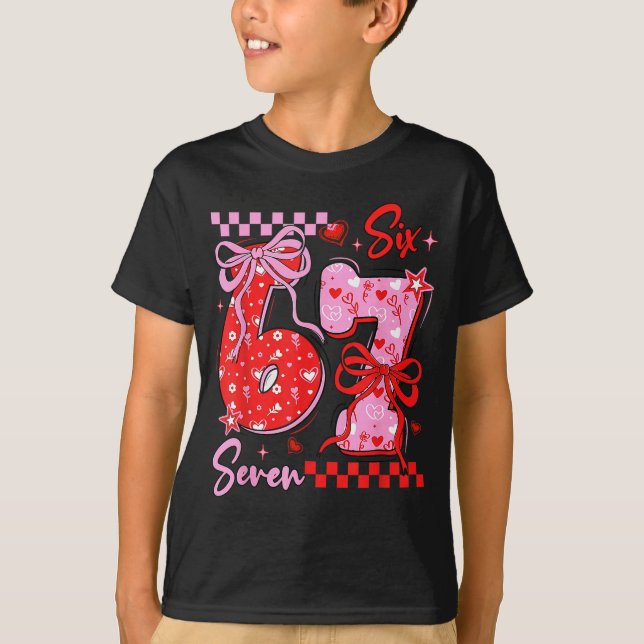 Retro Preppy Coquette Bow 6 7 Six Seven Love Valen T-Shirt (Front)