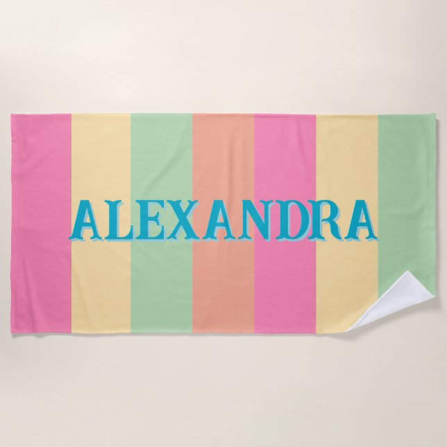 Retro Preppy Striped Custom Monogram Beach Towel (Front)