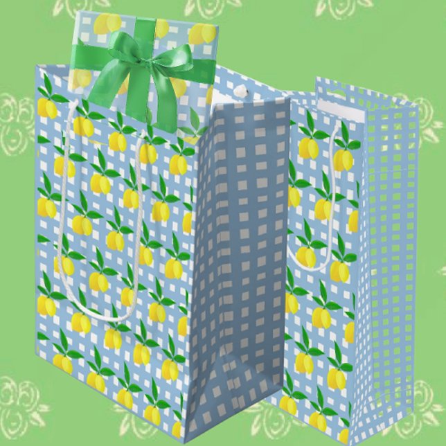 Retro Preppy Style Yellow Lemons Blue White Check Medium Gift Bag (Lemony all occasion gift bags)